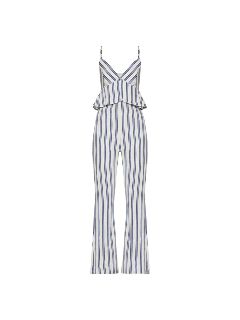 BCBGeneration Blue Striped Peplum Jumpsuit Size 12 NWT